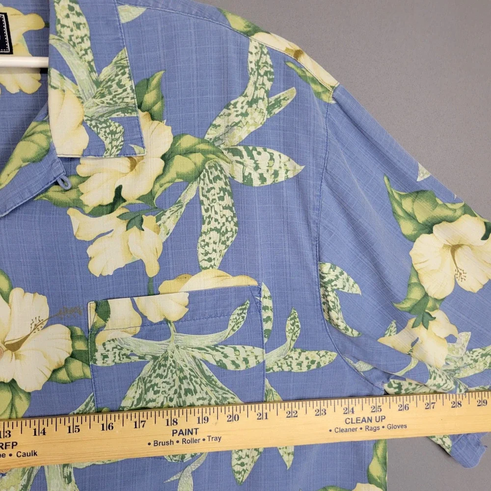 Bermuda Bay 100% Silk Shirt Mens L Blue Hawaiian Buttons Floral Short‎ Sleeve